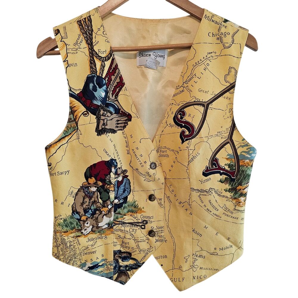 Vintage Sharon Young Vest Womens Sm Yellow Western Cowboy Country Ponderosa 90s